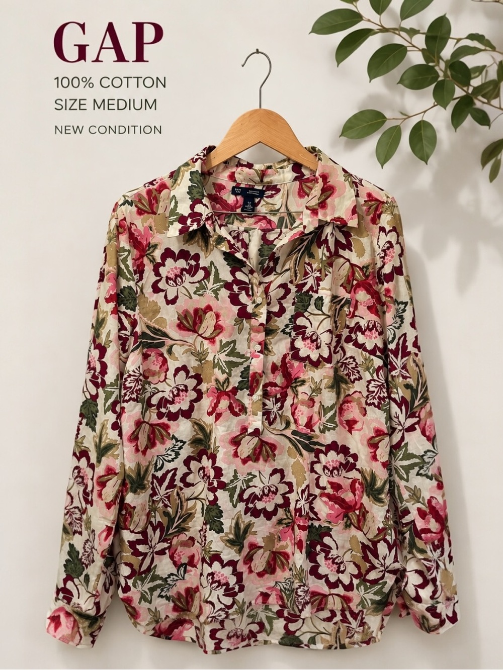 GAP Floral Button Front Blouse Medium 100% Cotton Cottagecore Pink Boho Top